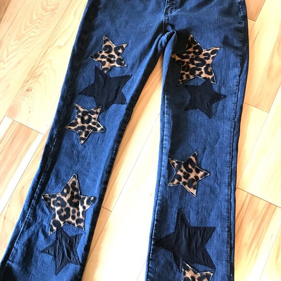 Patchwork Jeans, Size 12 Short: Boho Hippie Pants, Leopard Print Stars - Picture 12 of 13